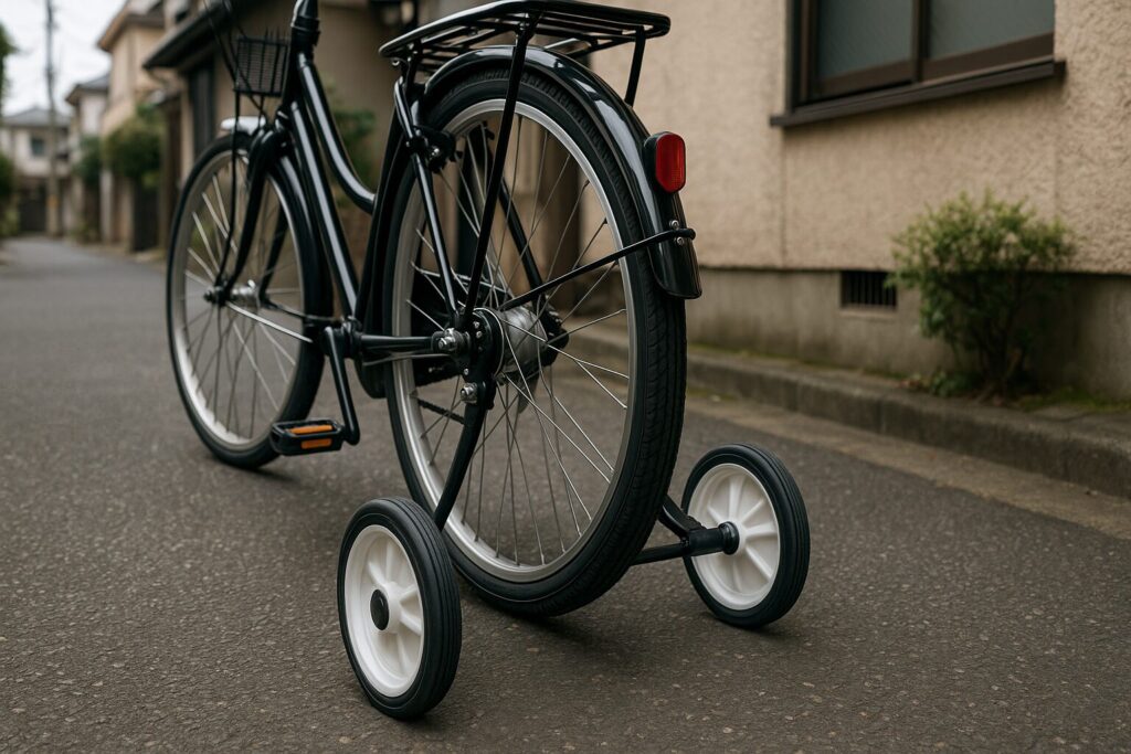 大人用26インチ自転車に装着された補助輪の全体像