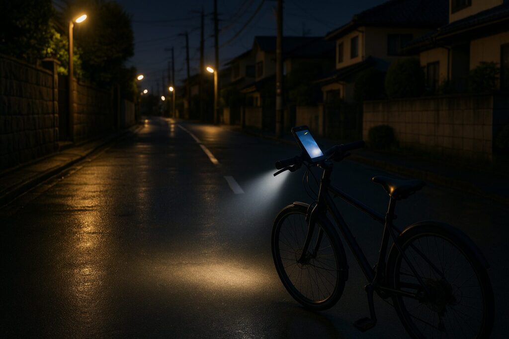 自転車のライト故障診断を行う様子とダイナモ式ライトの点検ポイント