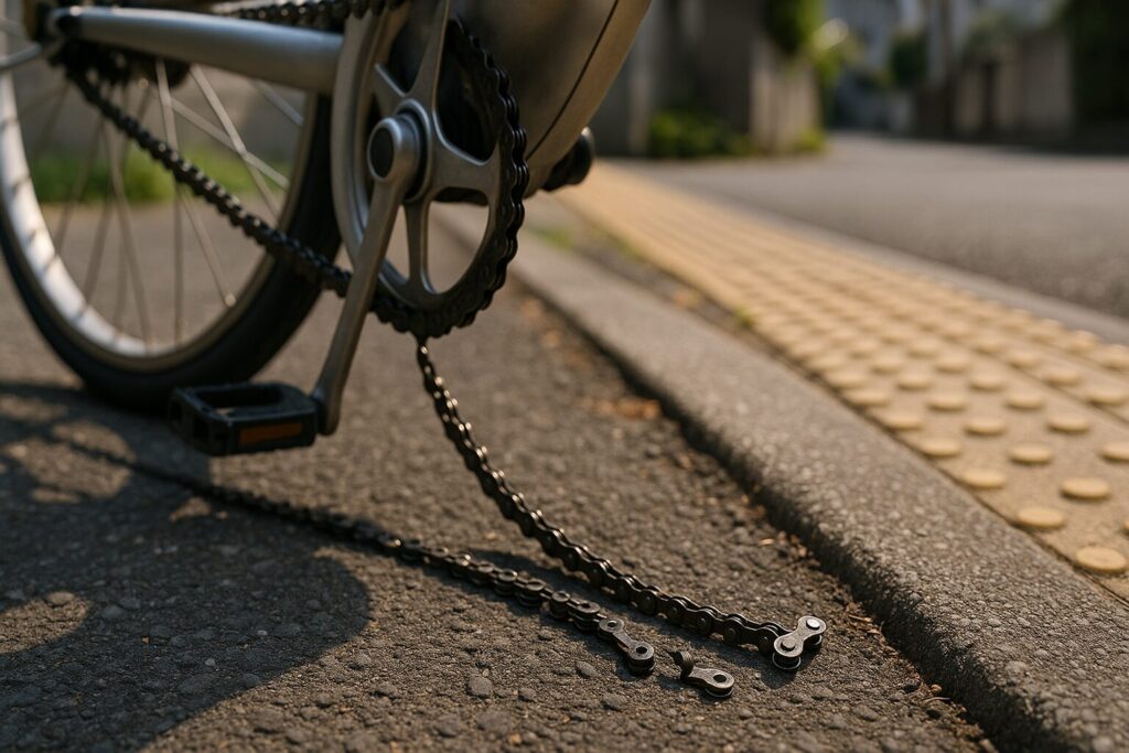 自転車のチェーンが切れた状態とチェーンカッターを使用した応急処置の様子