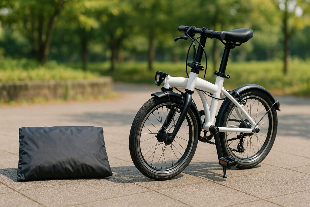 折りたたみ自転車を100均の袋で収納した実例（サイズ感と持ち運びイメージ）
