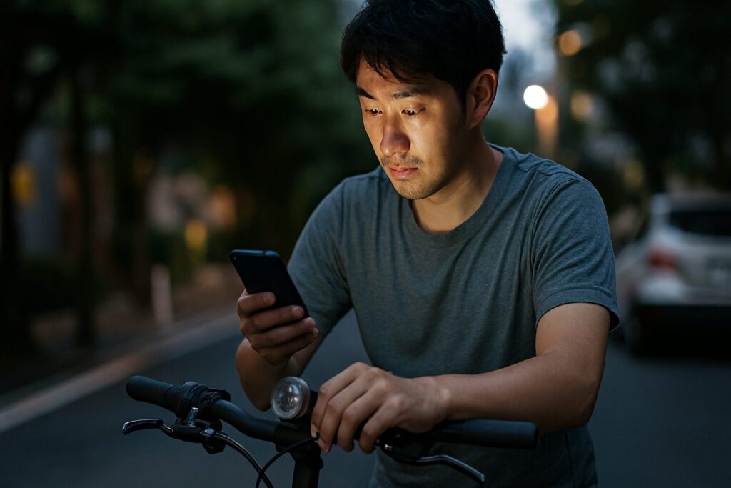 自転車のライトが故障した状況でスマートフォンを代用ライトとして使用する様子