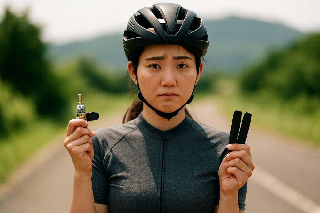 ロードバイクのパンク修理作業中の様子、タイヤレバーを使ったチューブ交換の実践手順