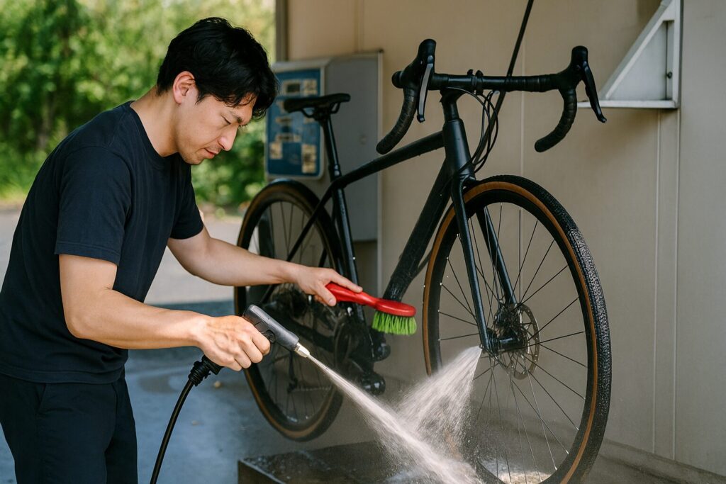 コイン洗車場で自転車洗車を行う様子