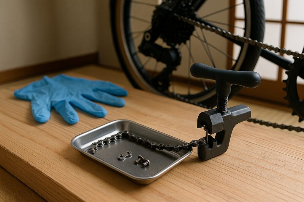自転車チェーンの劣化状態と正常なチェーンとの比較画像
