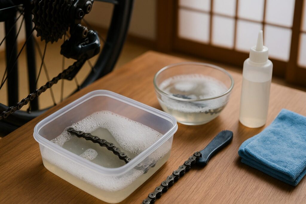 自転車チェーンの洗浄作業の様子。中性洗剤とブラシを使用してチェーンを清掃している手順