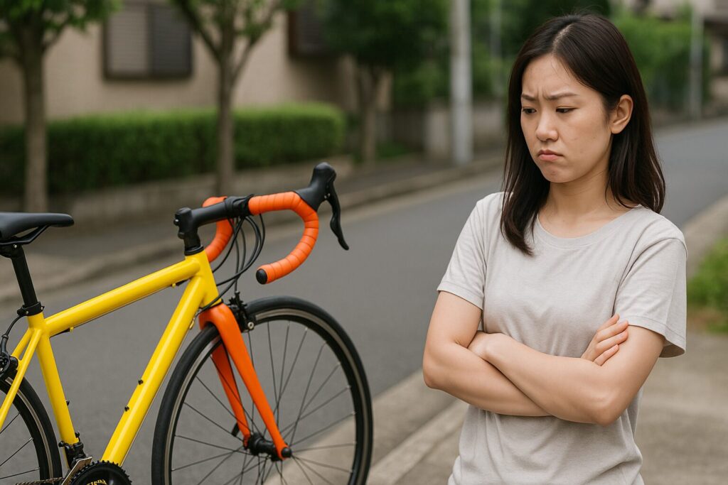 蛍光色のロードバイクと街中の落ち着いた背景。派手な配色が浮いて見える例