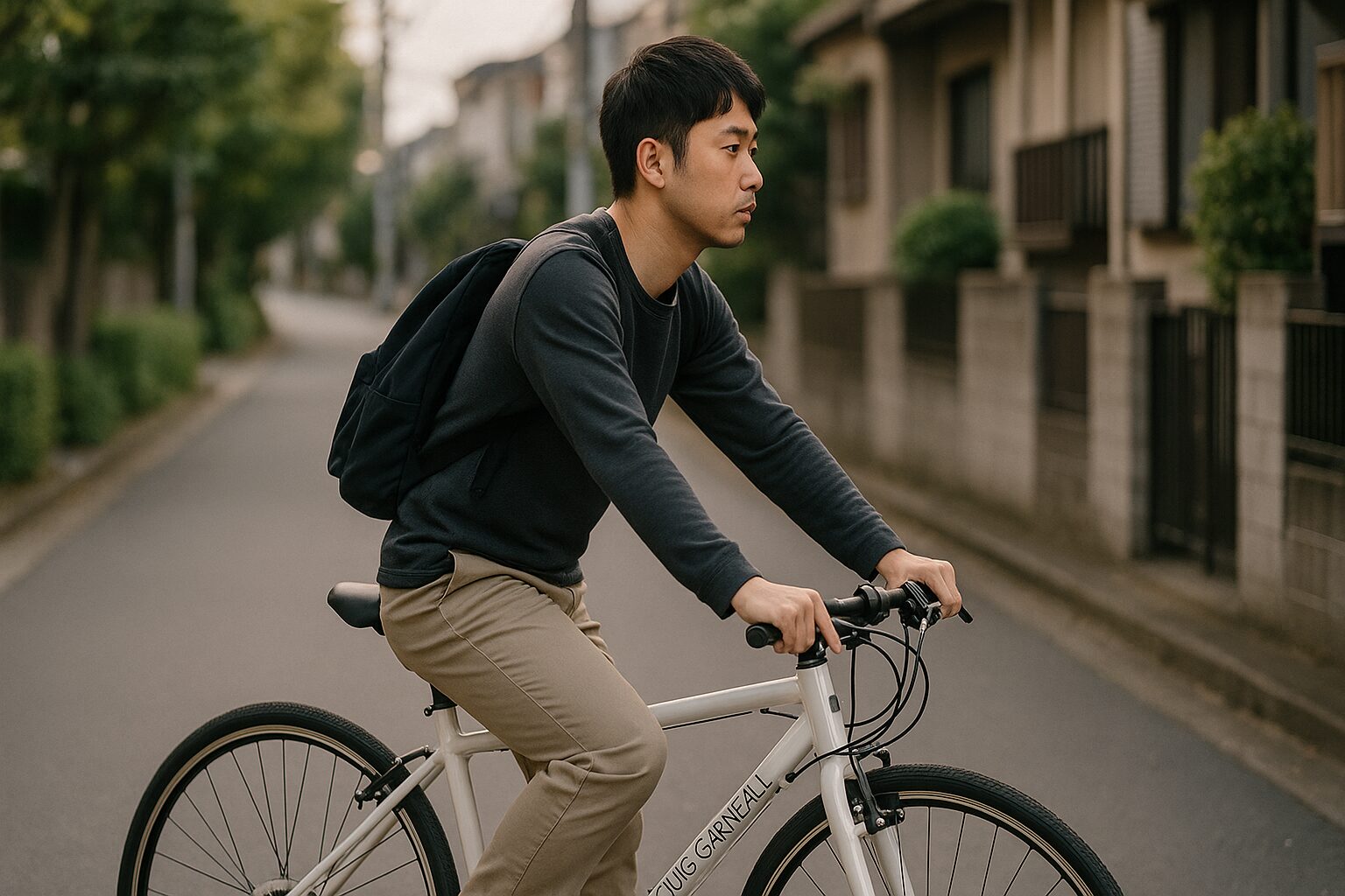 自転車 ルイガノ 評判、通勤路を走る男性