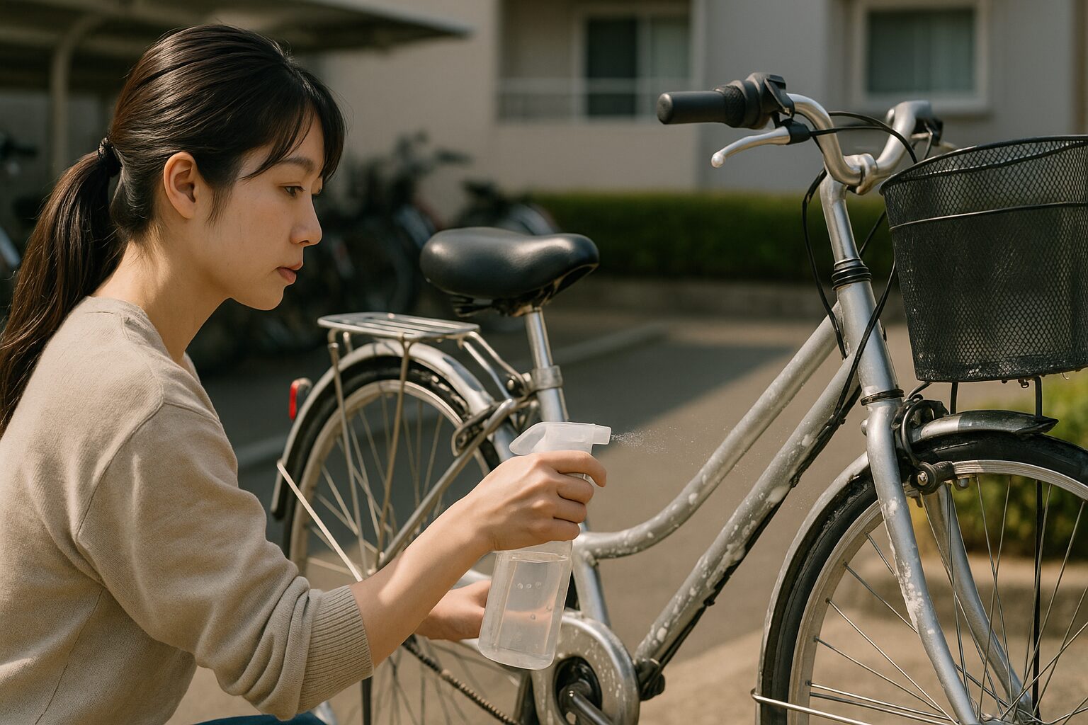 自転車洗車サービスあさひ 女性が洗車