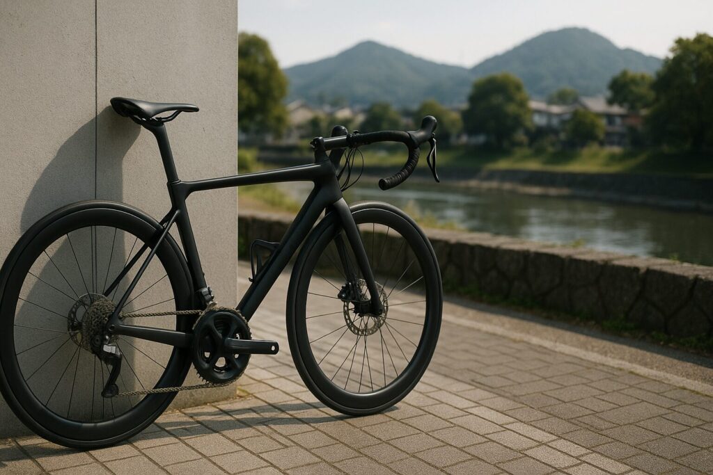 van rysel ロードバイクと川辺の道