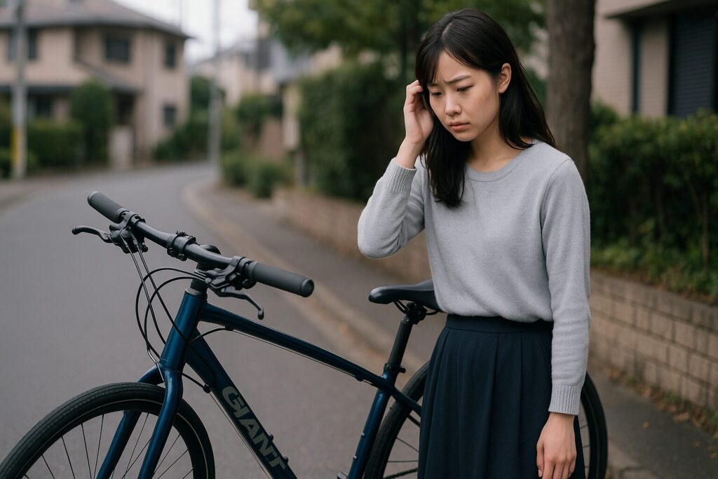 静かな住宅街に停められたジャイアント自転車。恥ずかしいと感じる理由を考えるイメージ