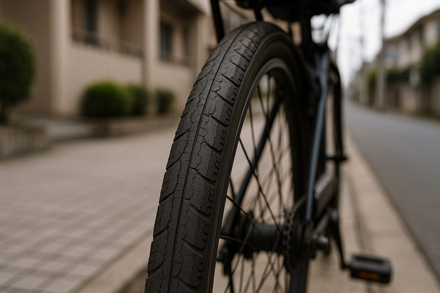 自転車タイヤ亀裂がある後輪の接写