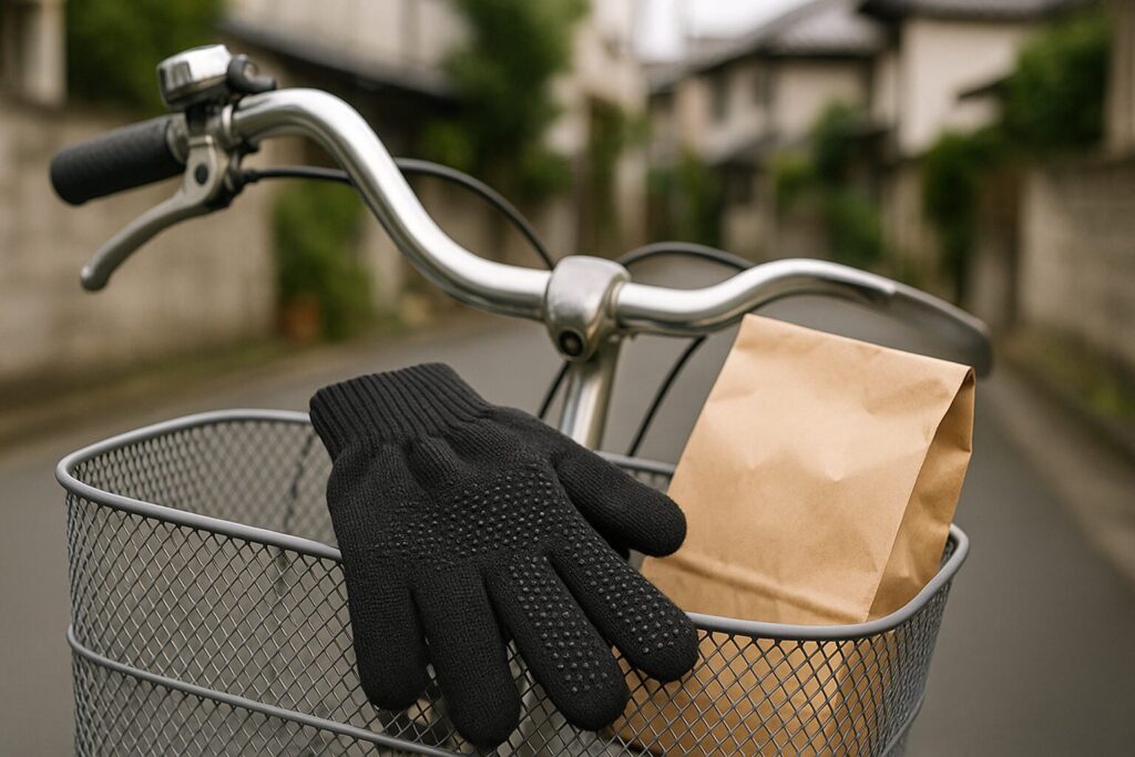 自転車 手袋 100 均の黒手袋と前かご