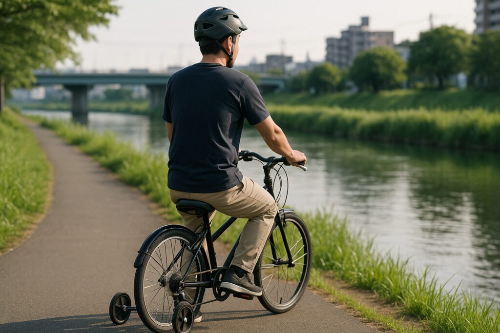 大人用補助輪付き自転車の基本構造と使用イメージ