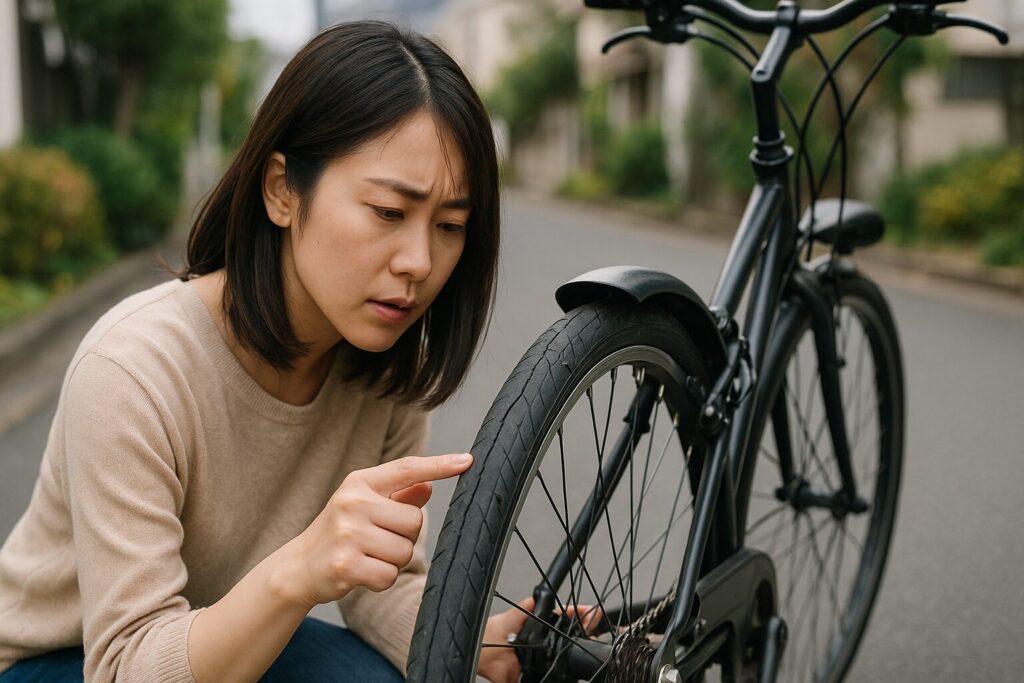 自転車タイヤ亀裂がある後輪の接写