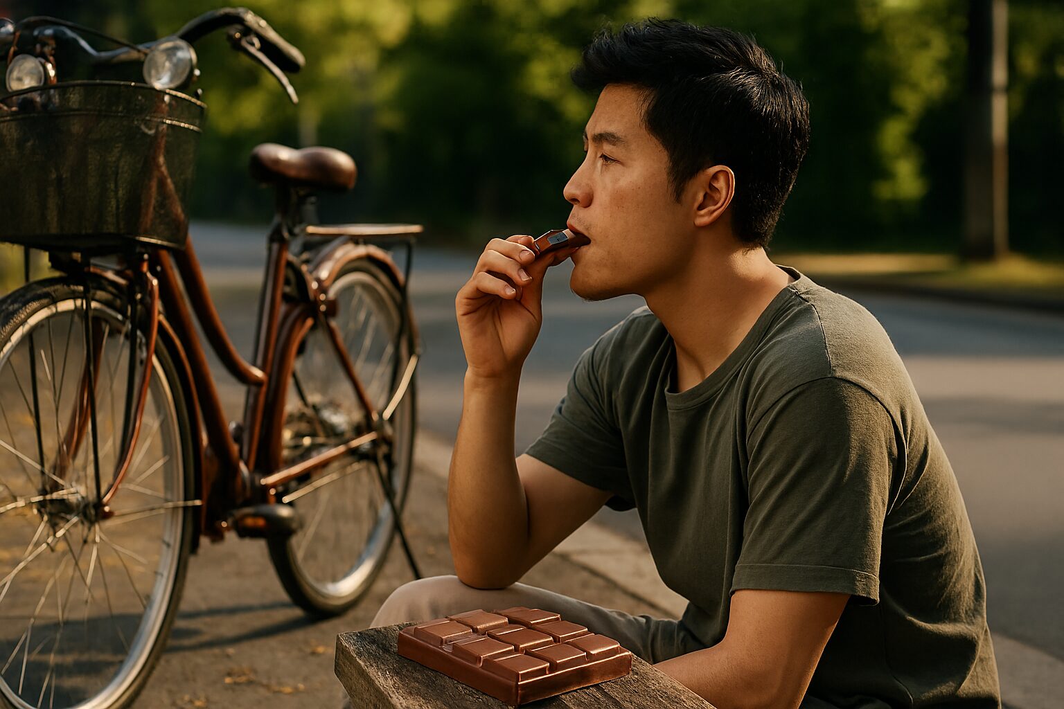 自転車を休めてチョコを食べる男性