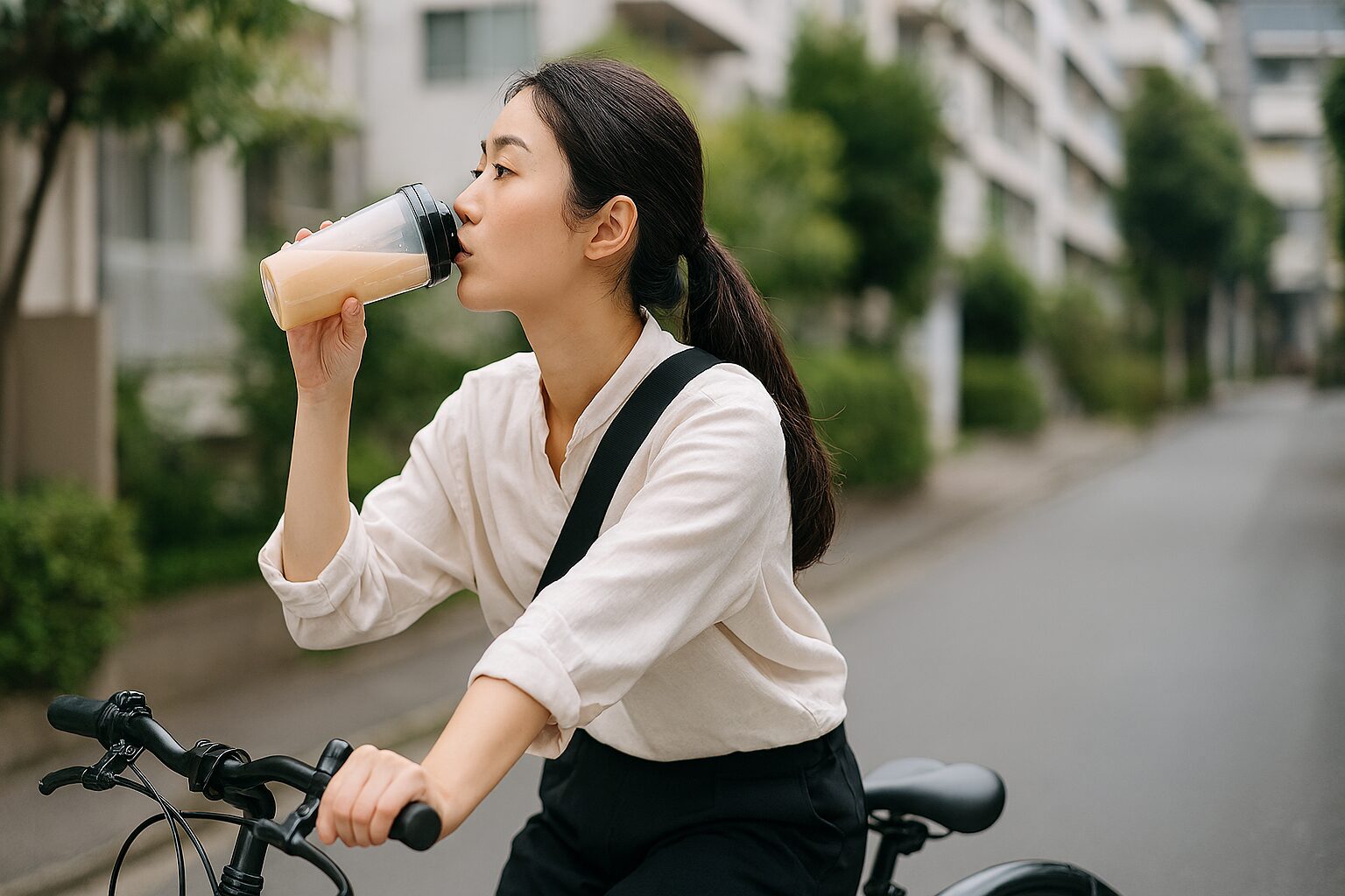 通勤中にプロテインを飲む日本人女性