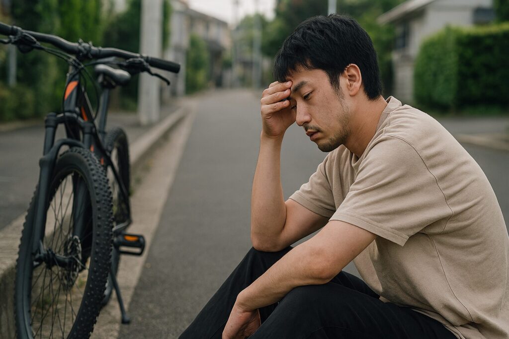 舗装路に停めたマウンテンバイク 後悔