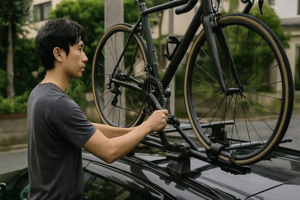 自転車を車に安全に車載し固定する基本手順のイメージ
