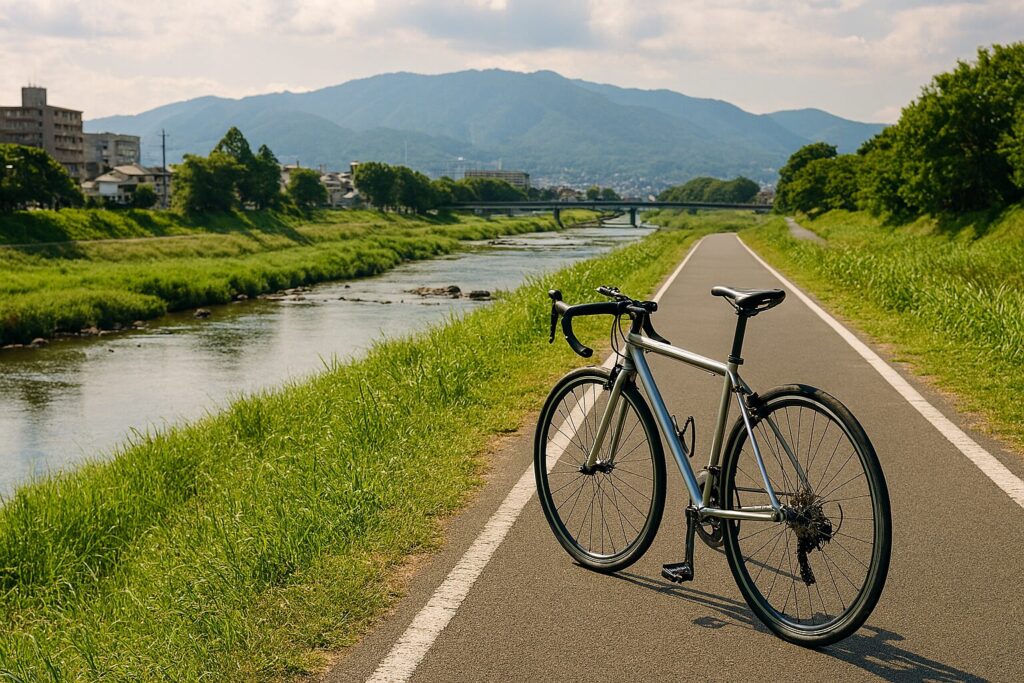 高槻のサイクリングコースの風景（川沿いの道と緑の景観）