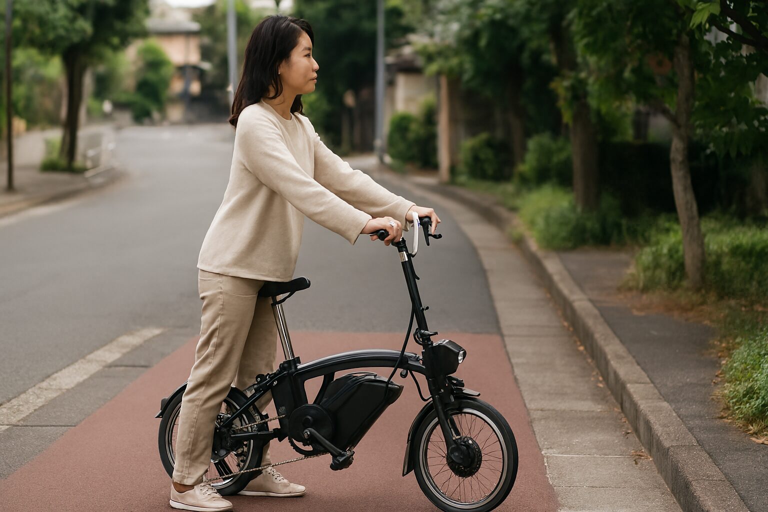 電動ブロンプトンに乗る日本人女性