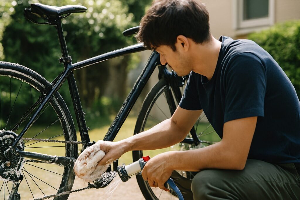 自転車洗車の作業イメージ（屋外での洗浄・すすぎの想定）