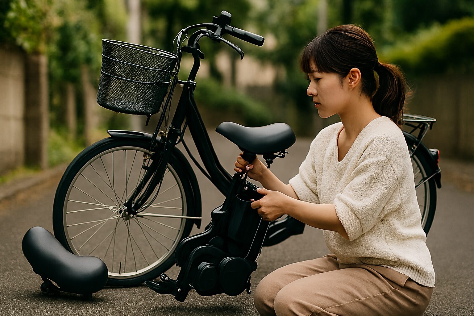 日本人女性が電動自転車のサドル交換