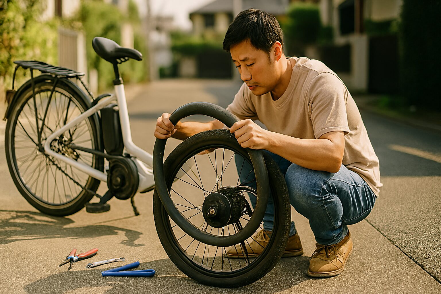 電動自転車のチューブ交換をする男性