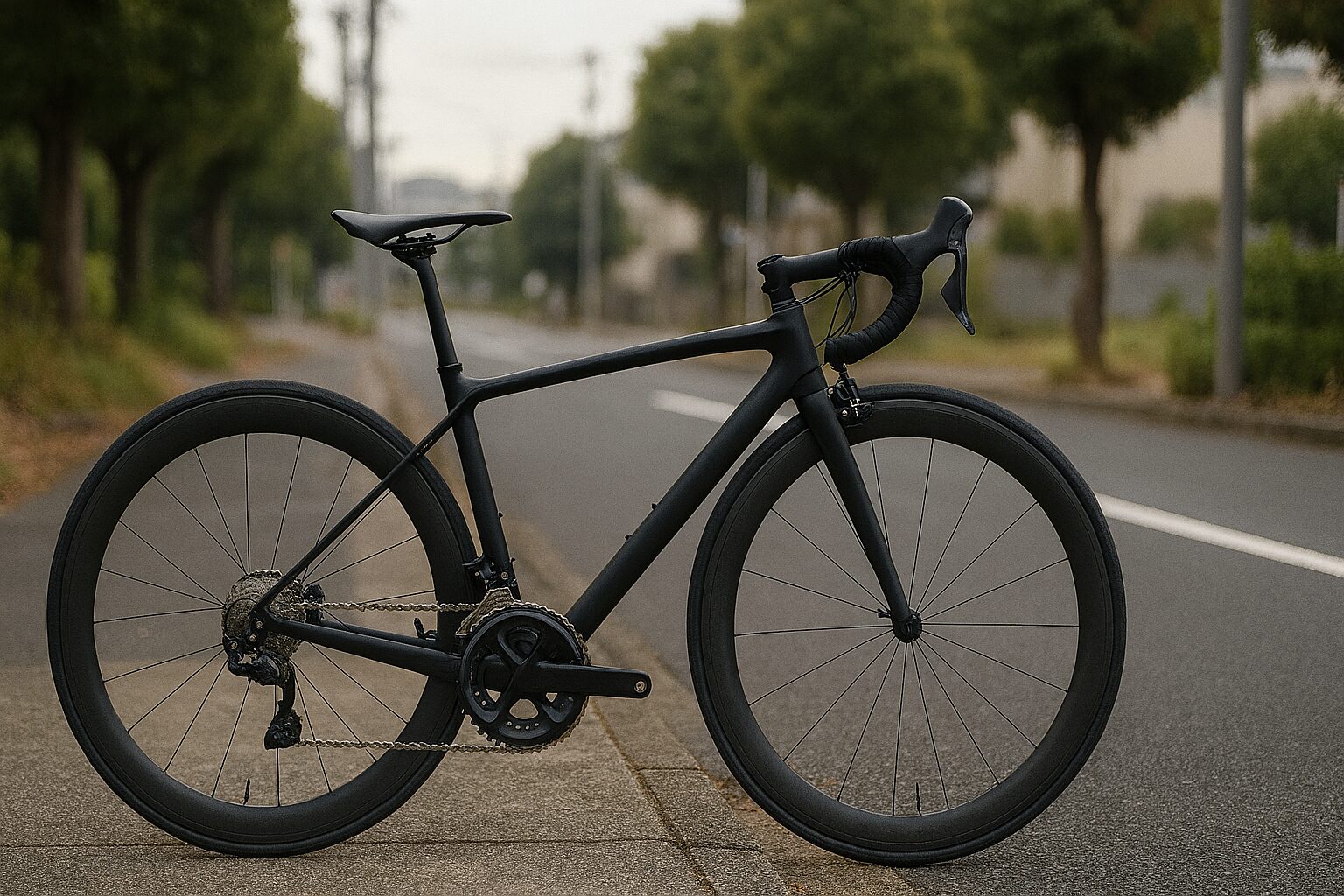 -labロードバイクが静かな道に佇む