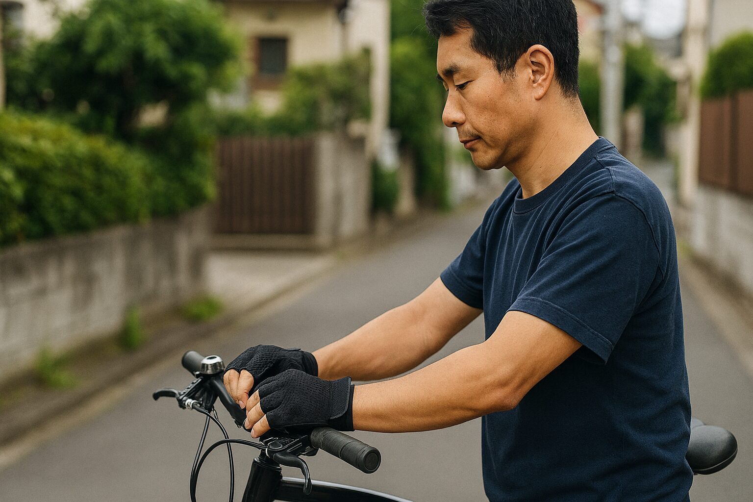 自転車に乗る日本人男性と100均手袋