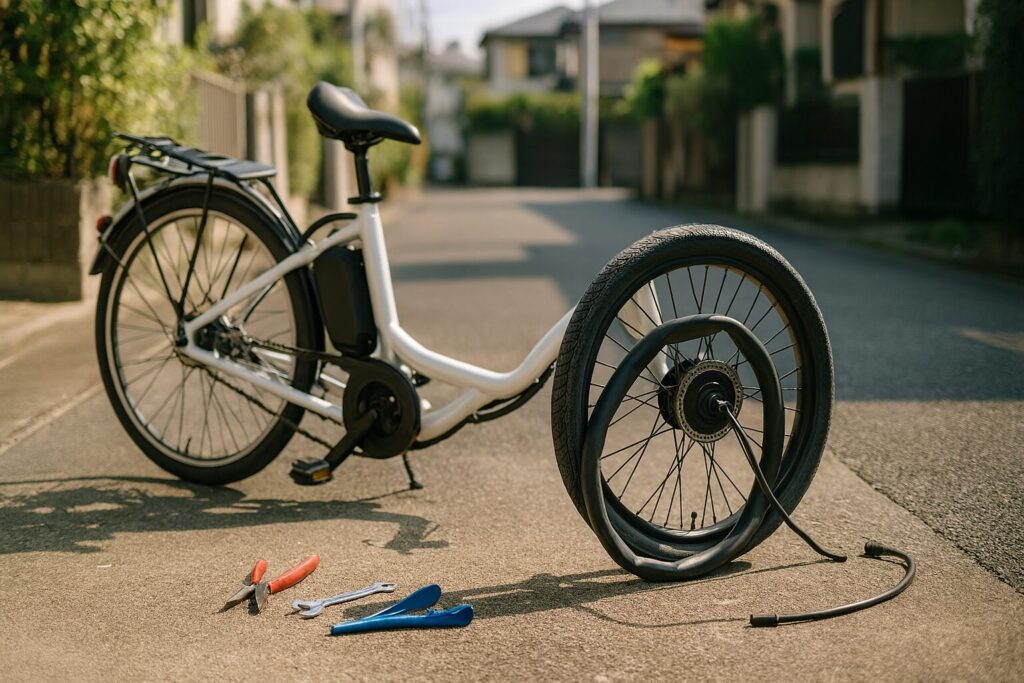 電動自転車のチューブ交換手順を説明する整備シーン
