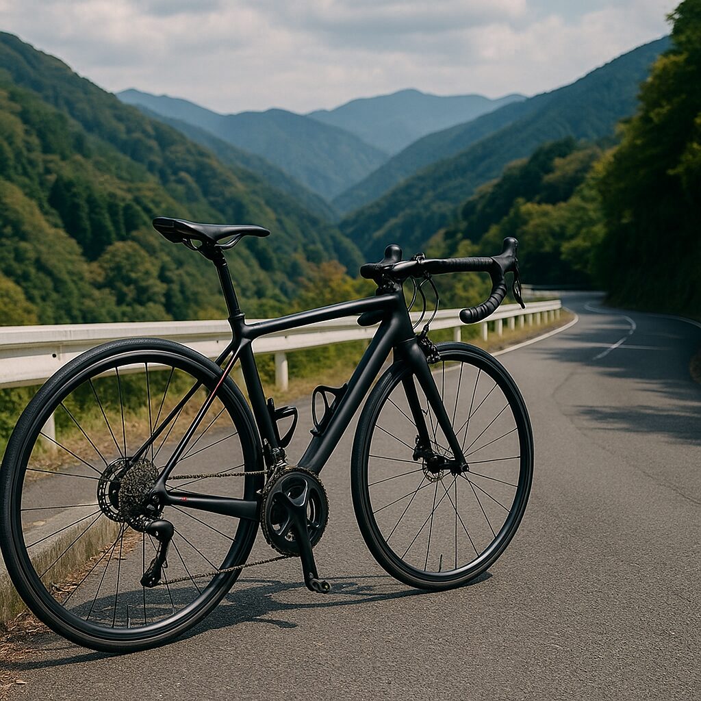 東京ヒルクライムを象徴する奥多摩の山道に停められたロードバイク