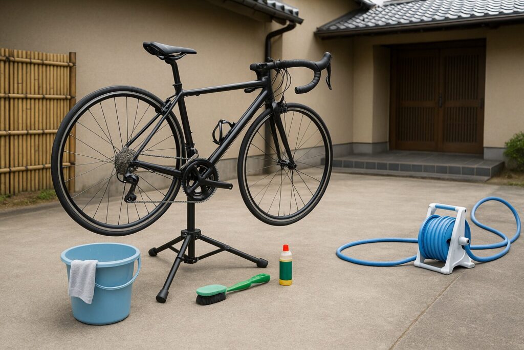 自転車洗車の作業イメージ（屋外での拭き上げ・乾燥の想定）