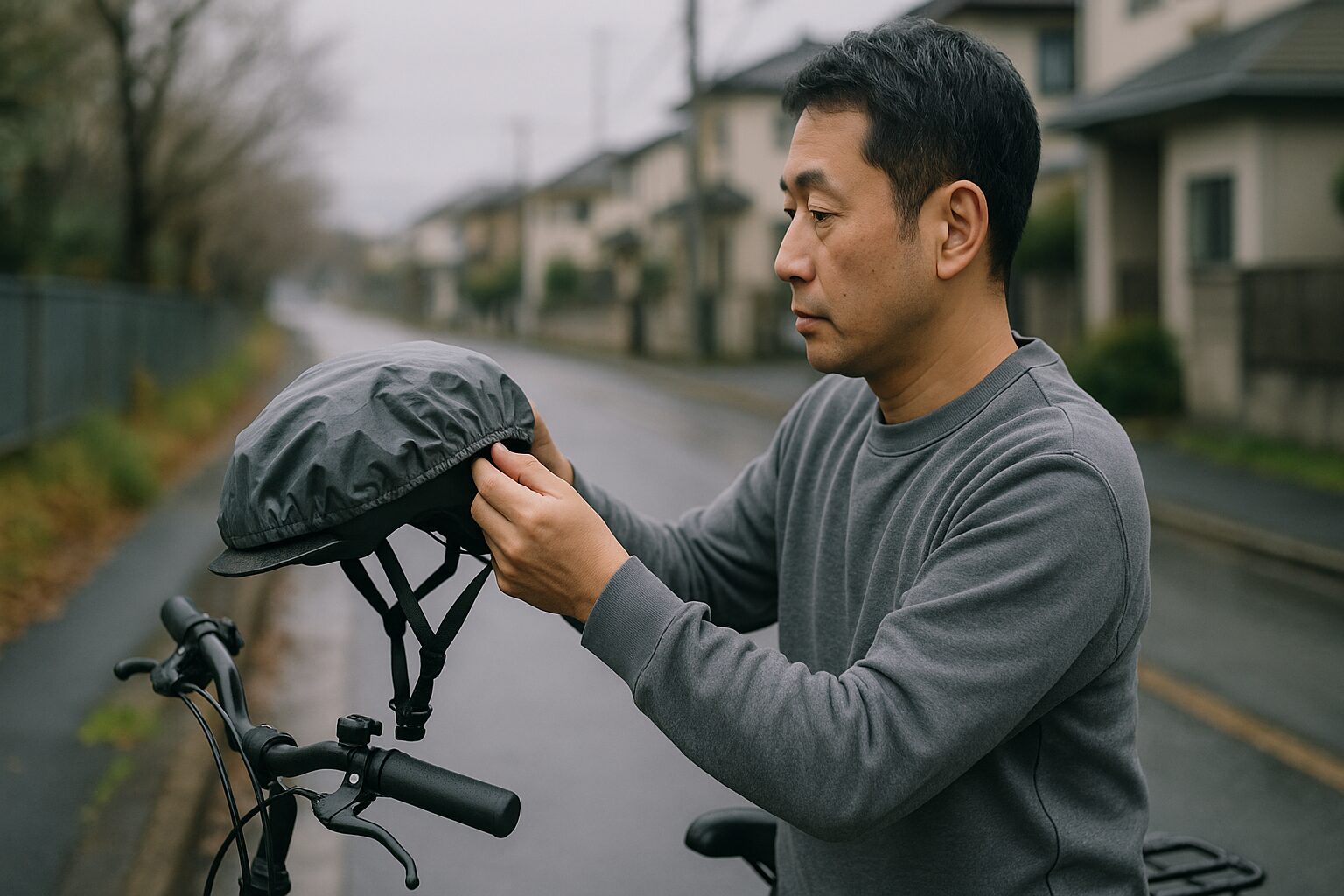 自転車ヘルメットカバーを装着する男性