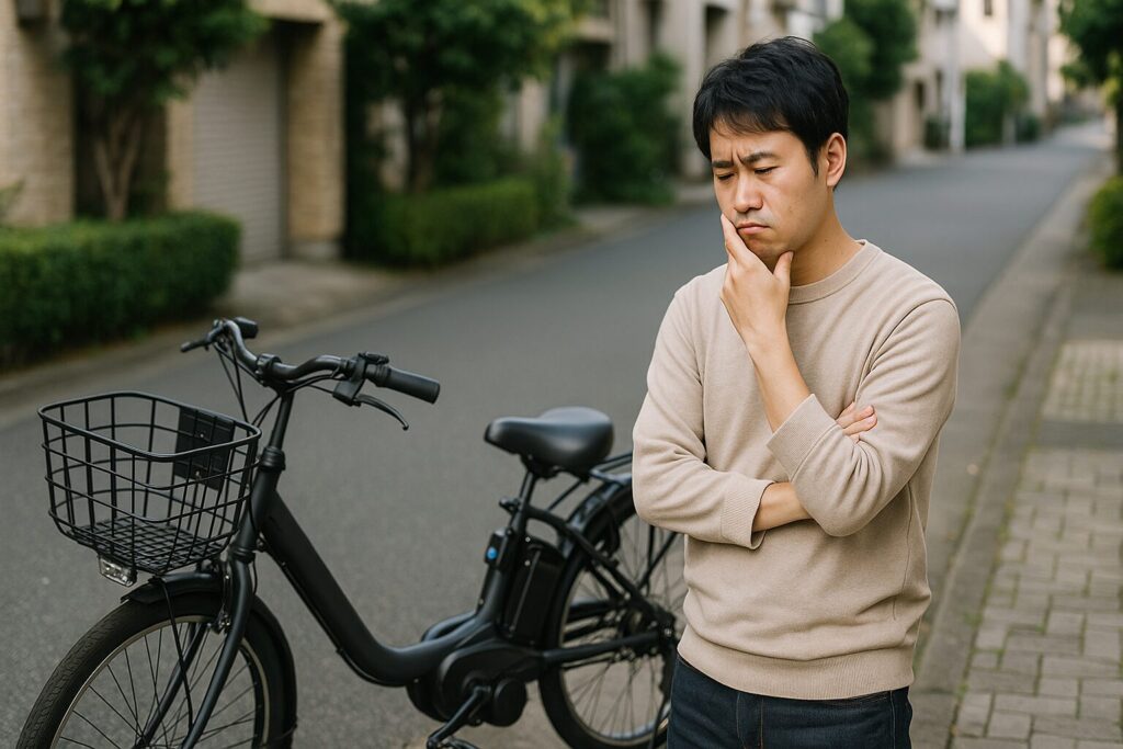 住宅街に停められた黒い電動自転車。電動自転車を買う前に確認すべきポイントを象徴するイメージ