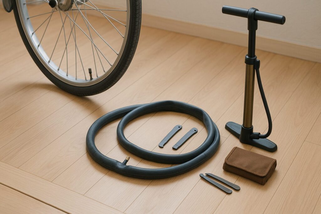 自転車ママチャリの前輪とチューブ交換工具