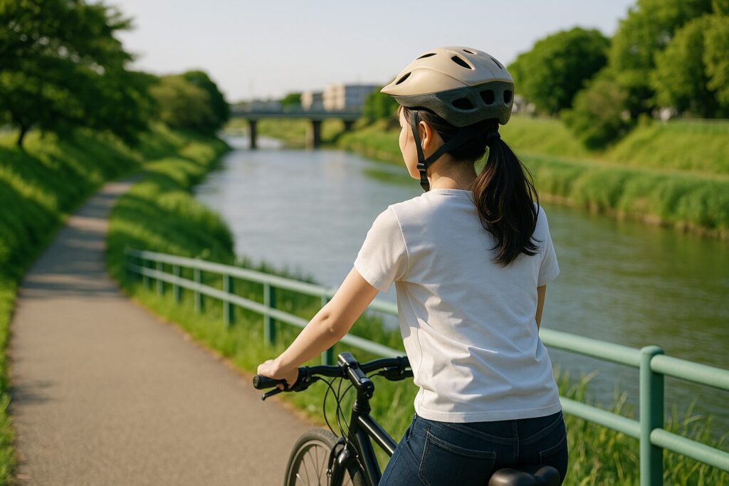 天白川サイクリングコースの堤防沿いを走る舗装路と川面の景色（名古屋・日進エリアのルートイメージ）