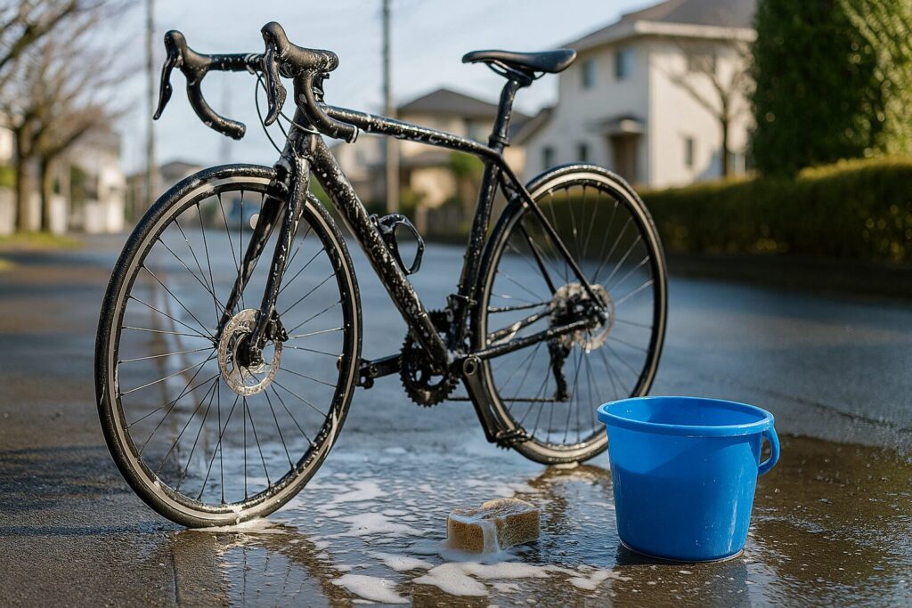 自転車の洗車頻度を考えるための参考風景。青いバケツとスポンジを使ってロードバイクを洗車している様子