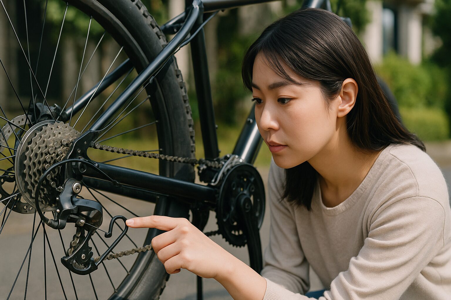 ディレイラーガードのデメリットを確認する女性