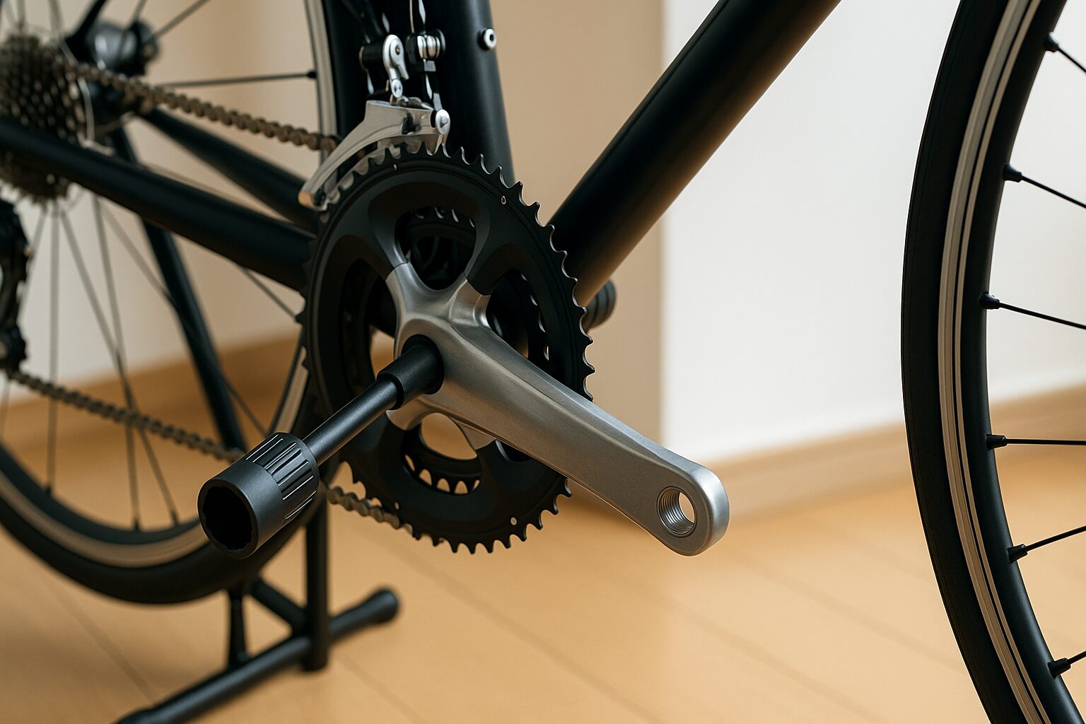 自転車クランクキャップの外し方を示す工具と部品構成