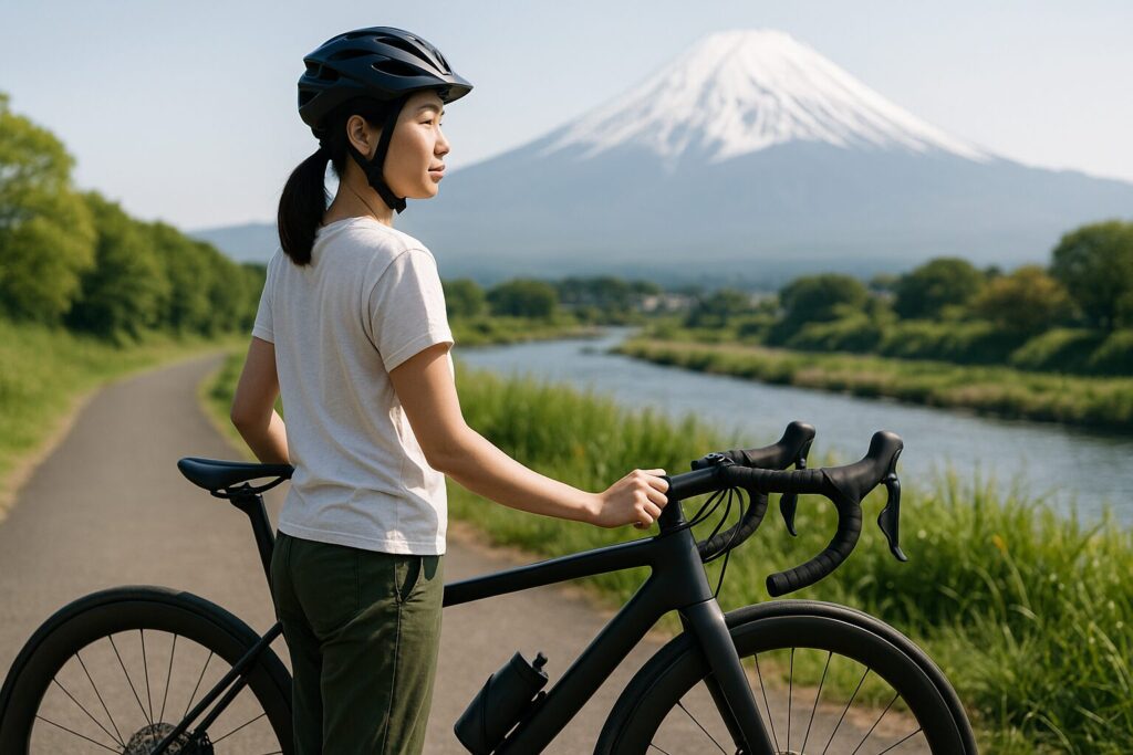 ロードバイク3Tと女性、河川敷で休憩