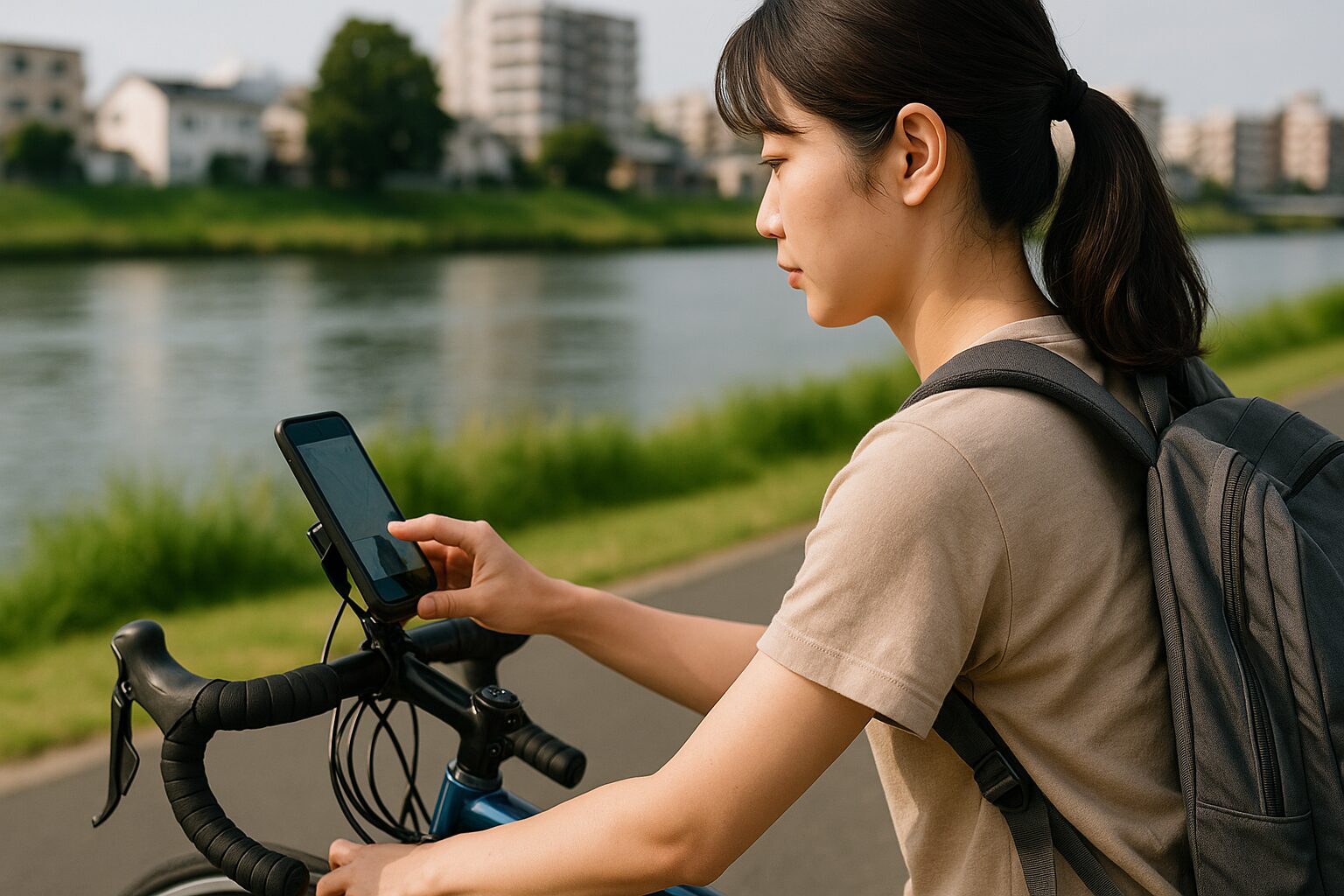 スマホ サイコンで走る日本人女性の横顔