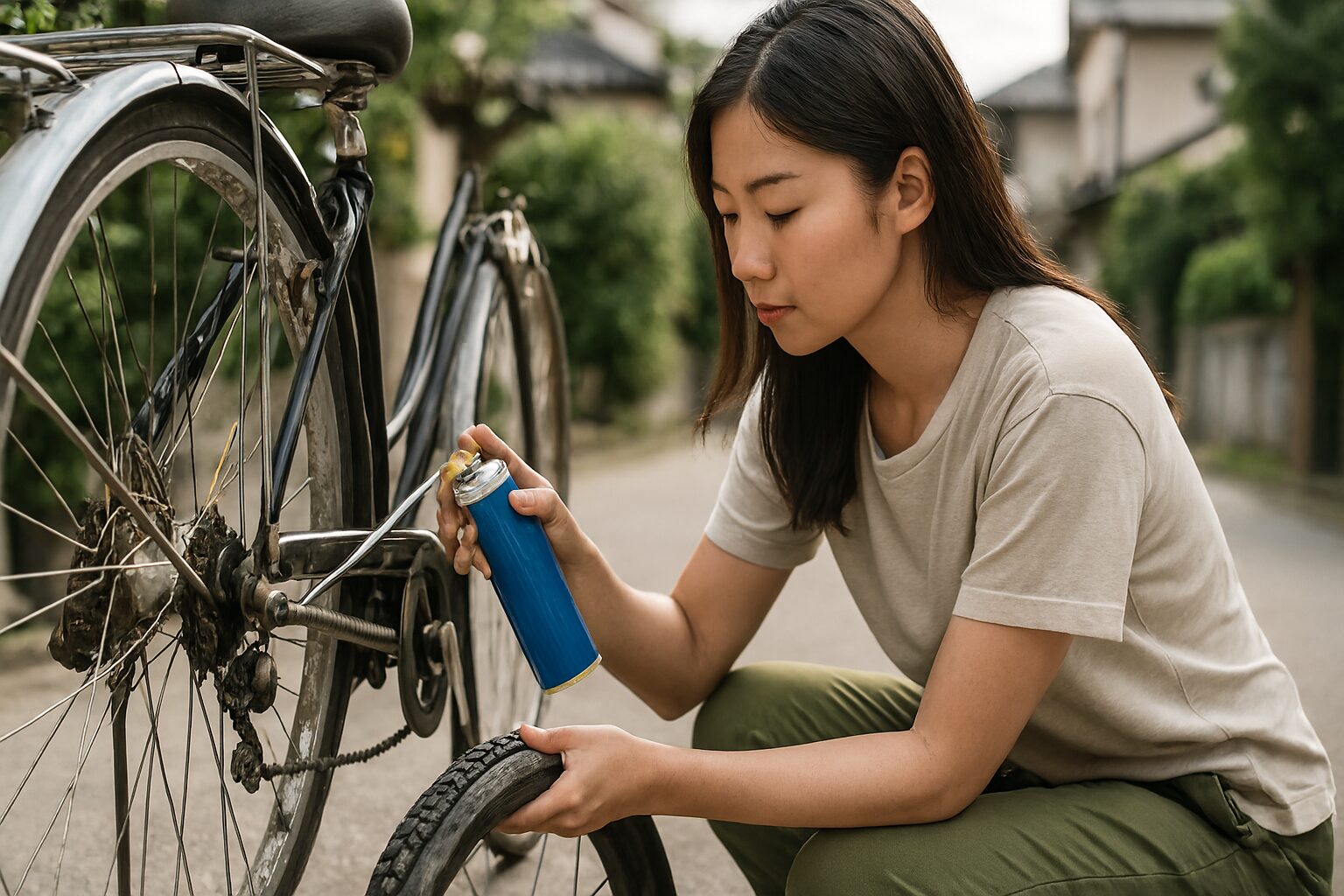 自転車パンクで修理剤を吹きかけている女性