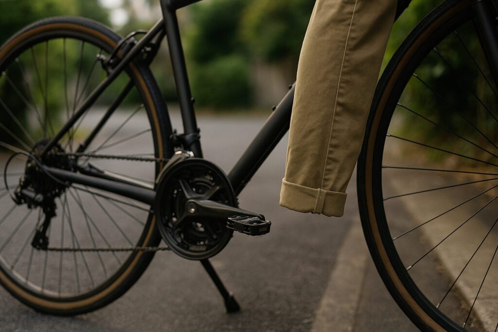 クロスバイクでズボンの裾を守る裾止めバンドの使用例