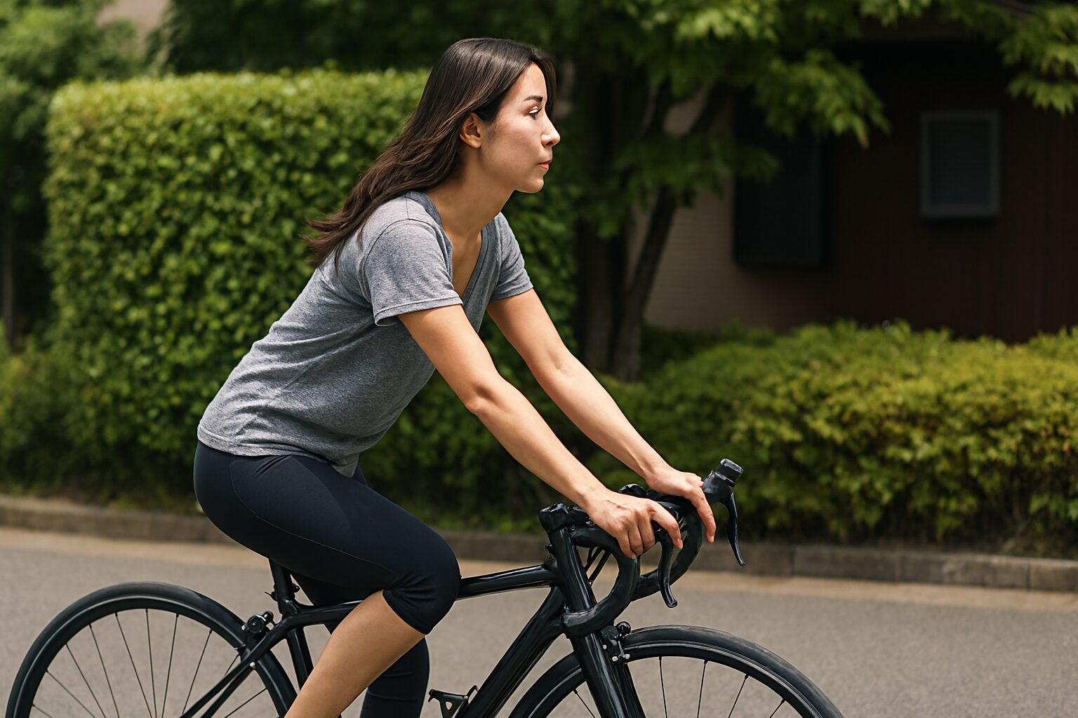 ロードバイク ノーヘルで走る女性