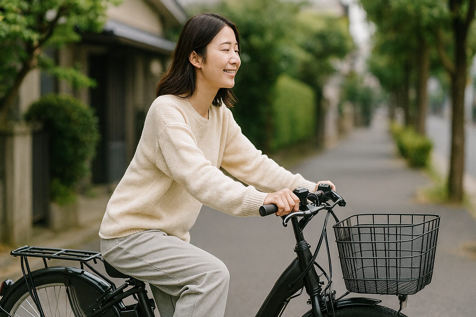 電動アシスト自転車で楽すぎる女性の横顔