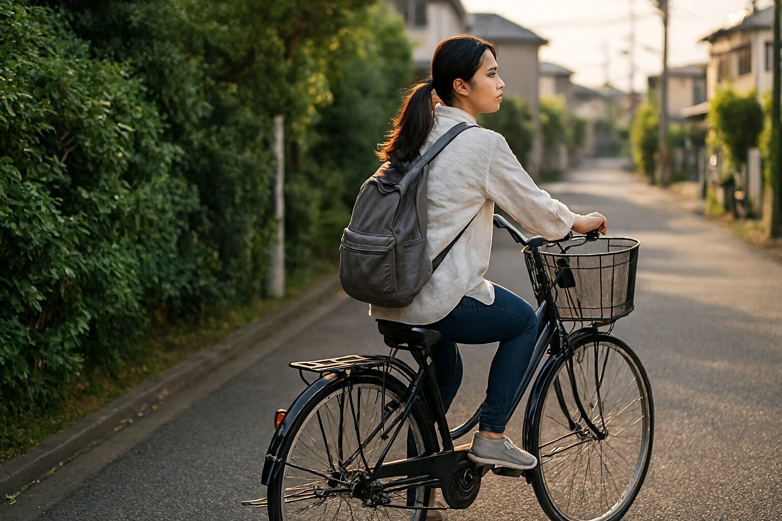 自転車 長距離 ママチャリで走る女性
