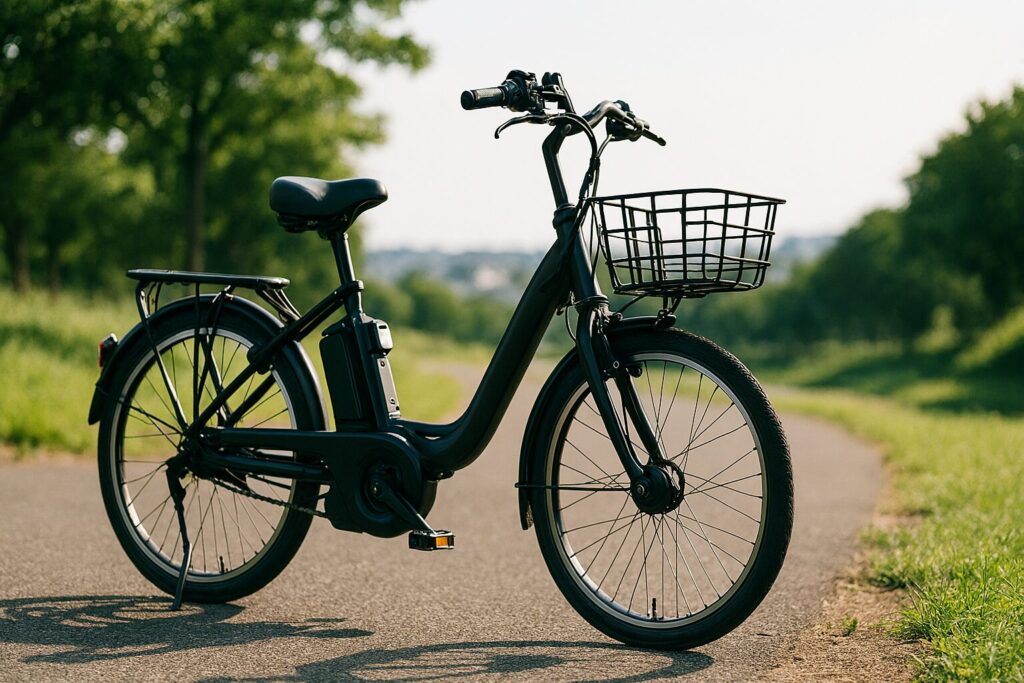 坂道を軽やかに走る電動アシスト自転車と通勤風景