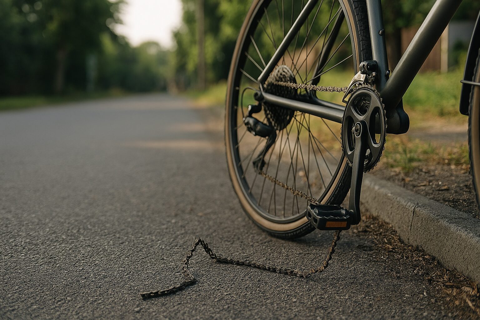 自転車のチェーンが切れた故障シーン