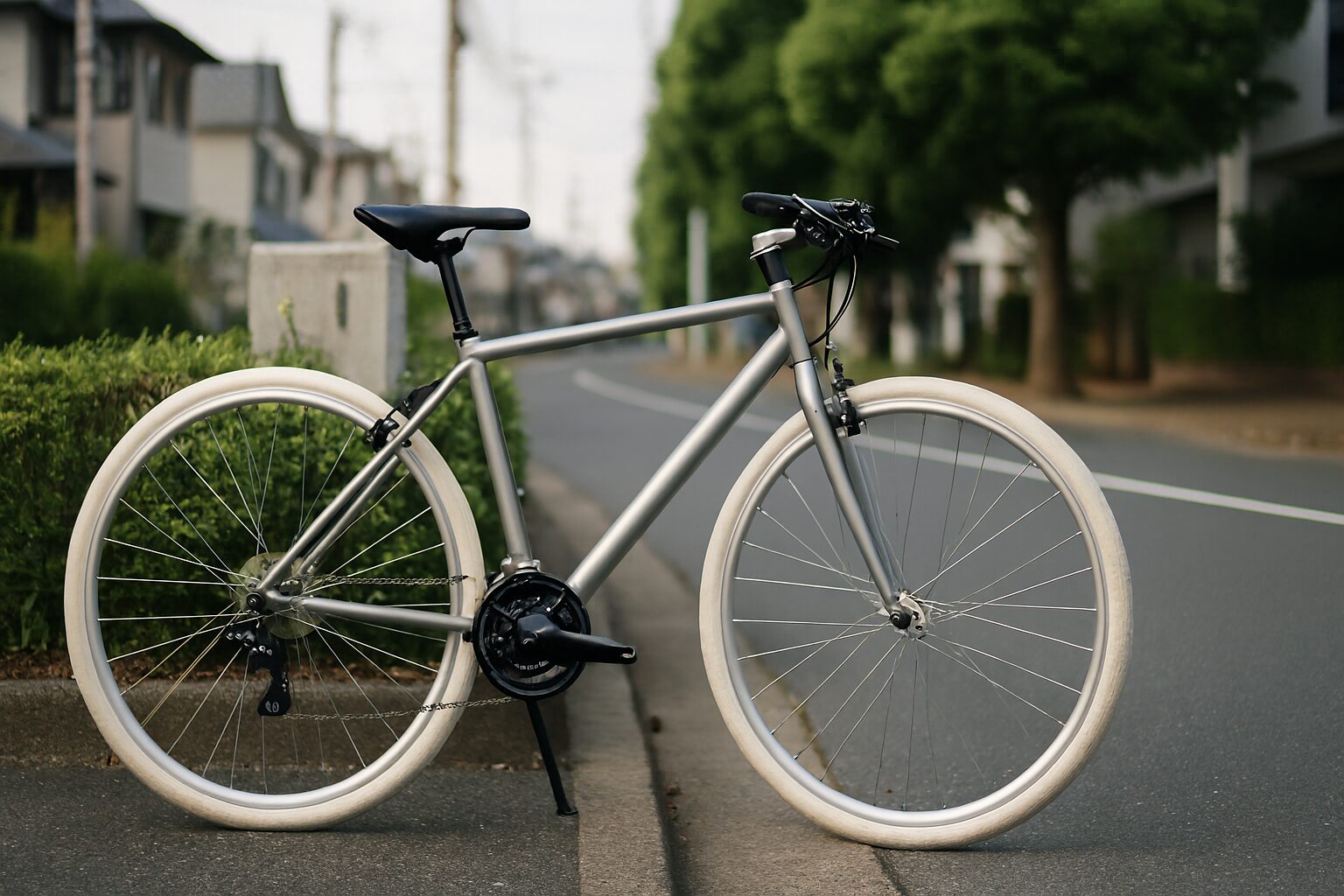クロスバイク白タイヤが街角に佇む