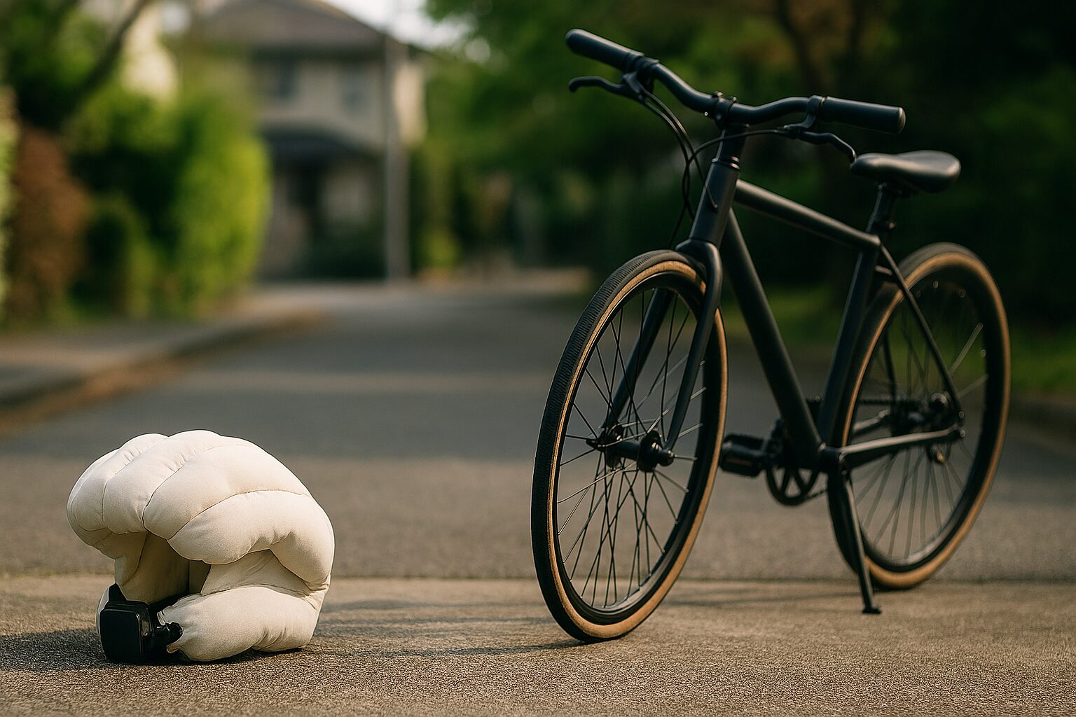 自転車とエアバッグヘルメットが並ぶ